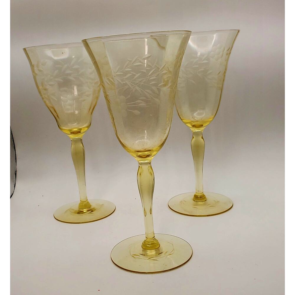 3 Elegant Tiffin-Franciscan Etched Wine Glasses Mandarin Yellow Topaz‎ Gold